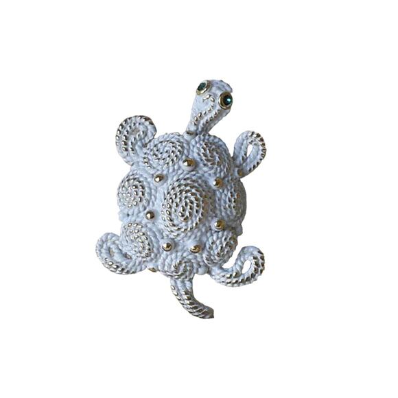 1970s Napier Rope Textured White Enamel Green Glass Turtle Tortoise Pin Brooch - Picture 1 of 5